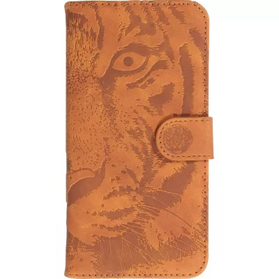 Fourre iPhone 15 Plus - Flip 3D en similicuir Oeil du tigre - Brun