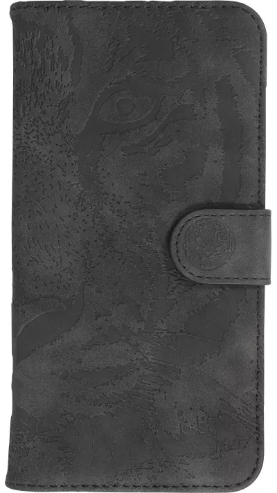 Fourre iPhone 14 - Flip 3D en similicuir Oeil du tigre - Noir