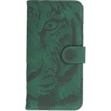 Fourre iPhone 15 Plus - Flip 3D en similicuir Oeil du tigre - Vert