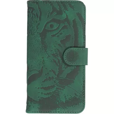 Fourre iPhone 15 Plus - Flip 3D en similicuir Oeil du tigre - Vert