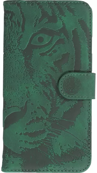 iPhone 15 Plus Case Hülle - 3D Flip Kunstleder Auge des Tigers - Grün