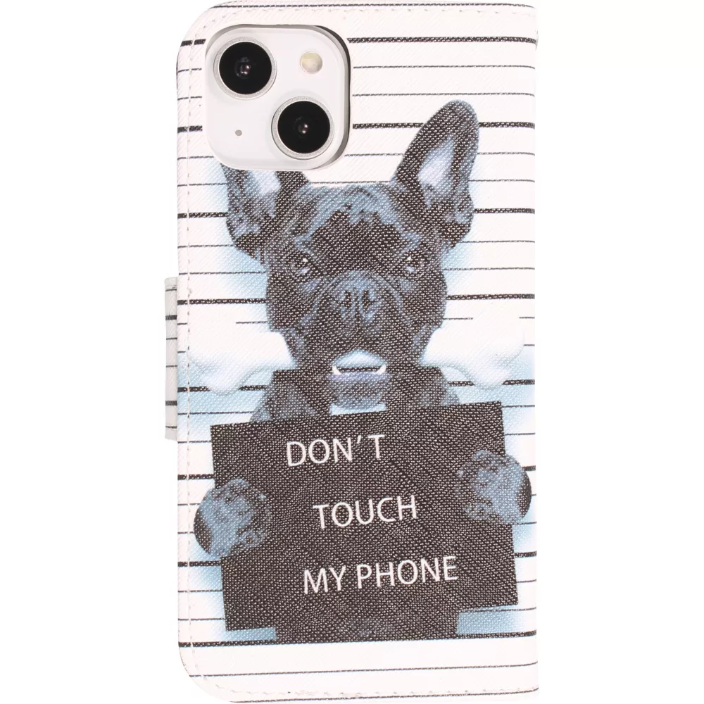 Fourre iPhone 14 - Premium Wallet flip fermeture magnétique et porte-carte - chien arrêté - Blanc