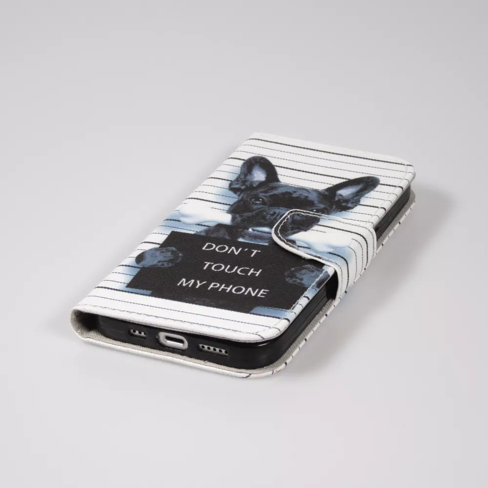 Fourre iPhone 14 - Premium Wallet flip fermeture magnétique et porte-carte - chien arrêté - Blanc