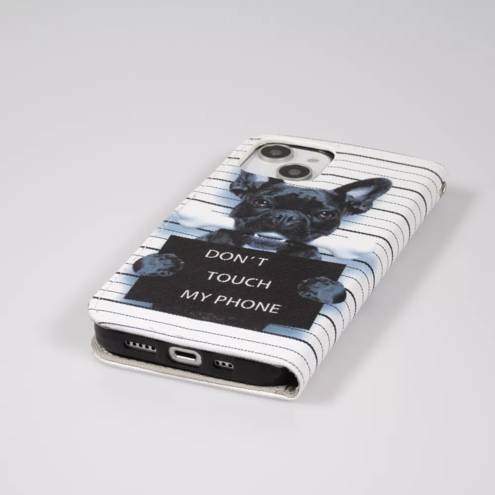 Fourre iPhone 14 - Premium Wallet flip fermeture magnétique et porte-carte - chien arrêté - Blanc