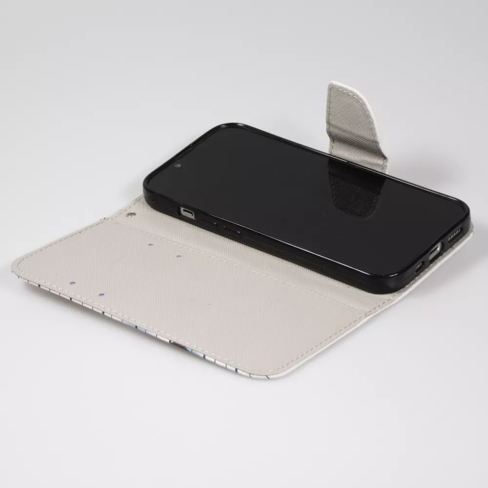 Fourre iPhone 14 - Premium Wallet flip fermeture magnétique et porte-carte - chien arrêté - Blanc