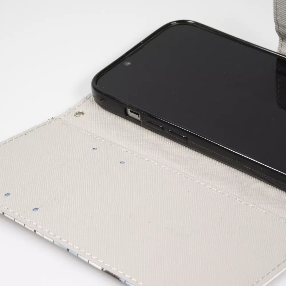 Fourre iPhone 14 - Premium Wallet flip fermeture magnétique et porte-carte - chien arrêté - Blanc