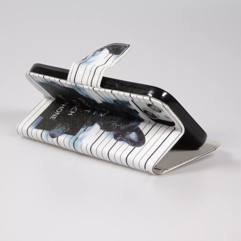 Fourre iPhone 14 - Premium Wallet flip fermeture magnétique et porte-carte - chien arrêté - Blanc