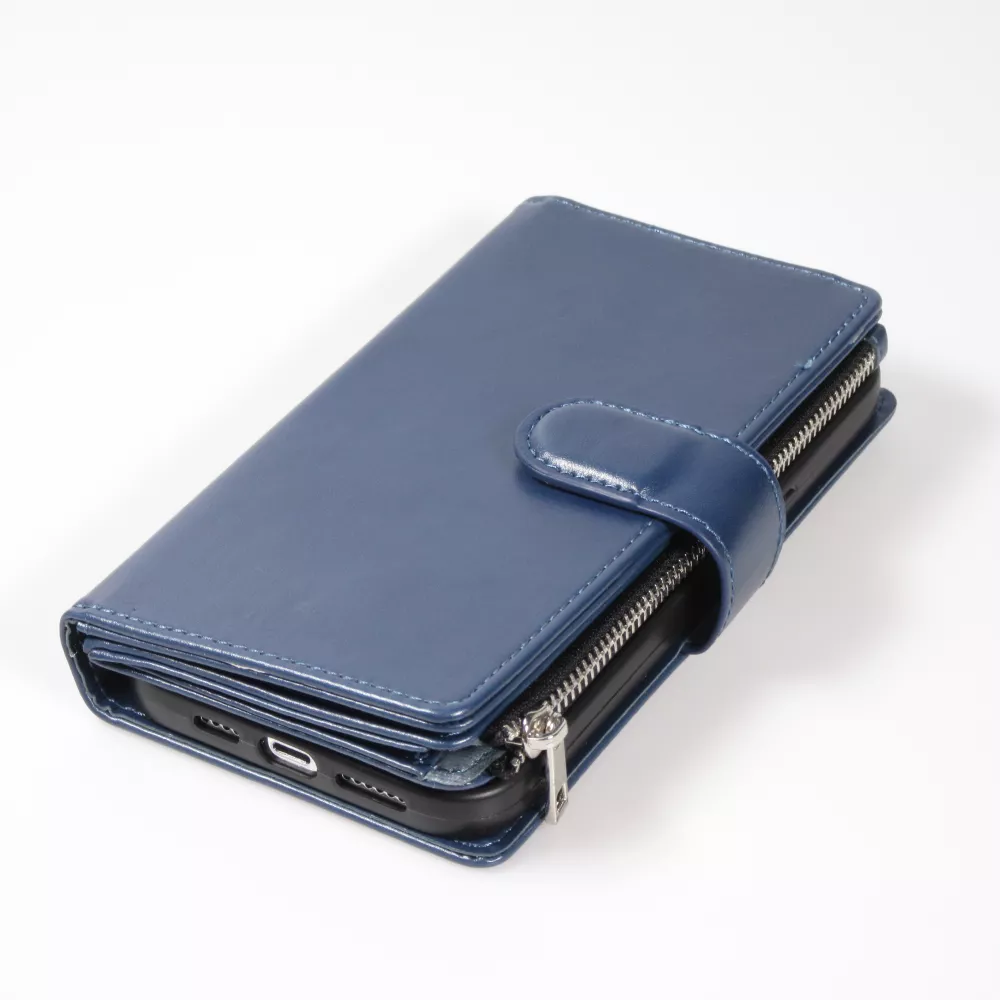 iPhone 15 Pro Case Hülle - Brieftaschen-Hülle luxuriös und raffiniert mit Magnet Verschluss & Münz- und Kartenfach  - Blau