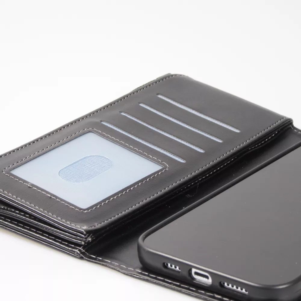 iPhone 15 Pro Case Hülle - Brieftaschen-Hülle luxuriös und raffiniert mit Magnet Verschluss & Münz- und Kartenfach  - Schwarz
