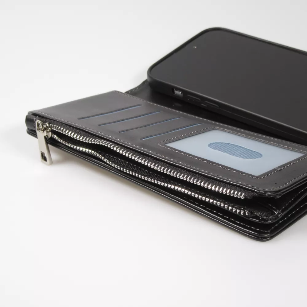 iPhone 15 Pro Case Hülle - Brieftaschen-Hülle luxuriös und raffiniert mit Magnet Verschluss & Münz- und Kartenfach  - Schwarz