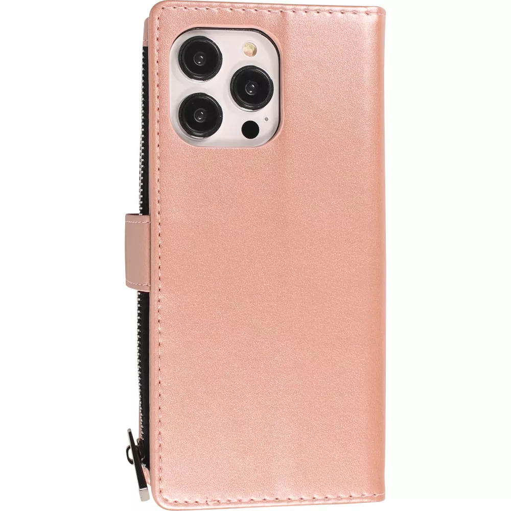 Fourre iPhone 14 Pro - Etui portefeuille luxueux et sophistiqué en cuir avec aimant et compartiment à monnaie - Rose