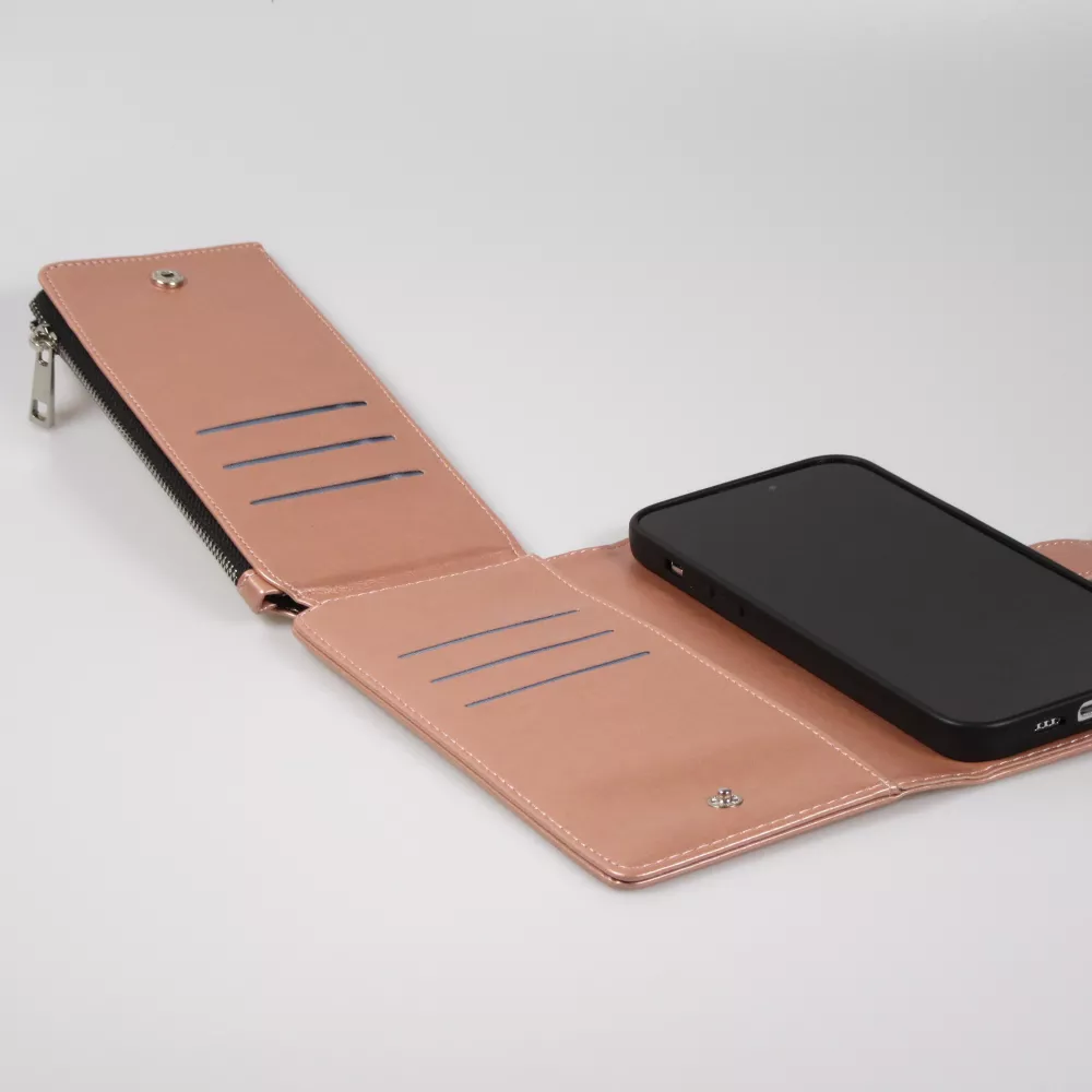 Fourre iPhone 14 Pro - Etui portefeuille luxueux et sophistiqué en cuir avec aimant et compartiment à monnaie - Rose