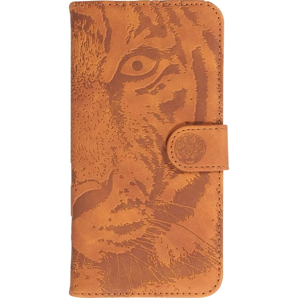 Fourre iPhone 15 Pro Max - Flip 3D en similicuir Oeil du tigre - Brun