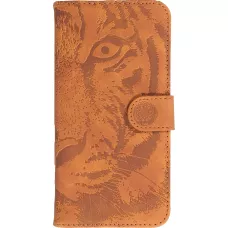 Fourre iPhone 15 Pro Max - Flip 3D en similicuir Oeil du tigre - Brun