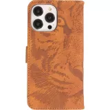 Fourre iPhone 15 Pro Max - Flip 3D en similicuir Oeil du tigre - Brun