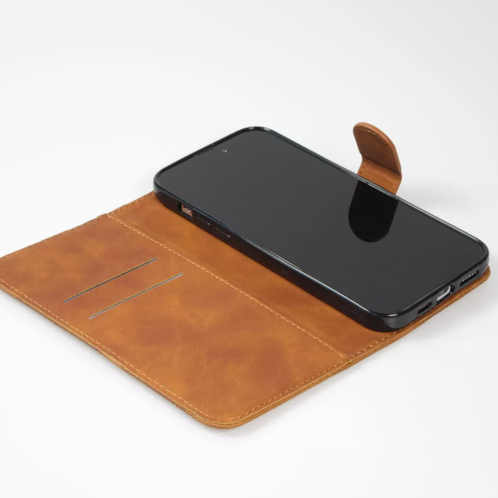 Fourre iPhone 15 Pro Max - Flip 3D en similicuir Oeil du tigre - Brun