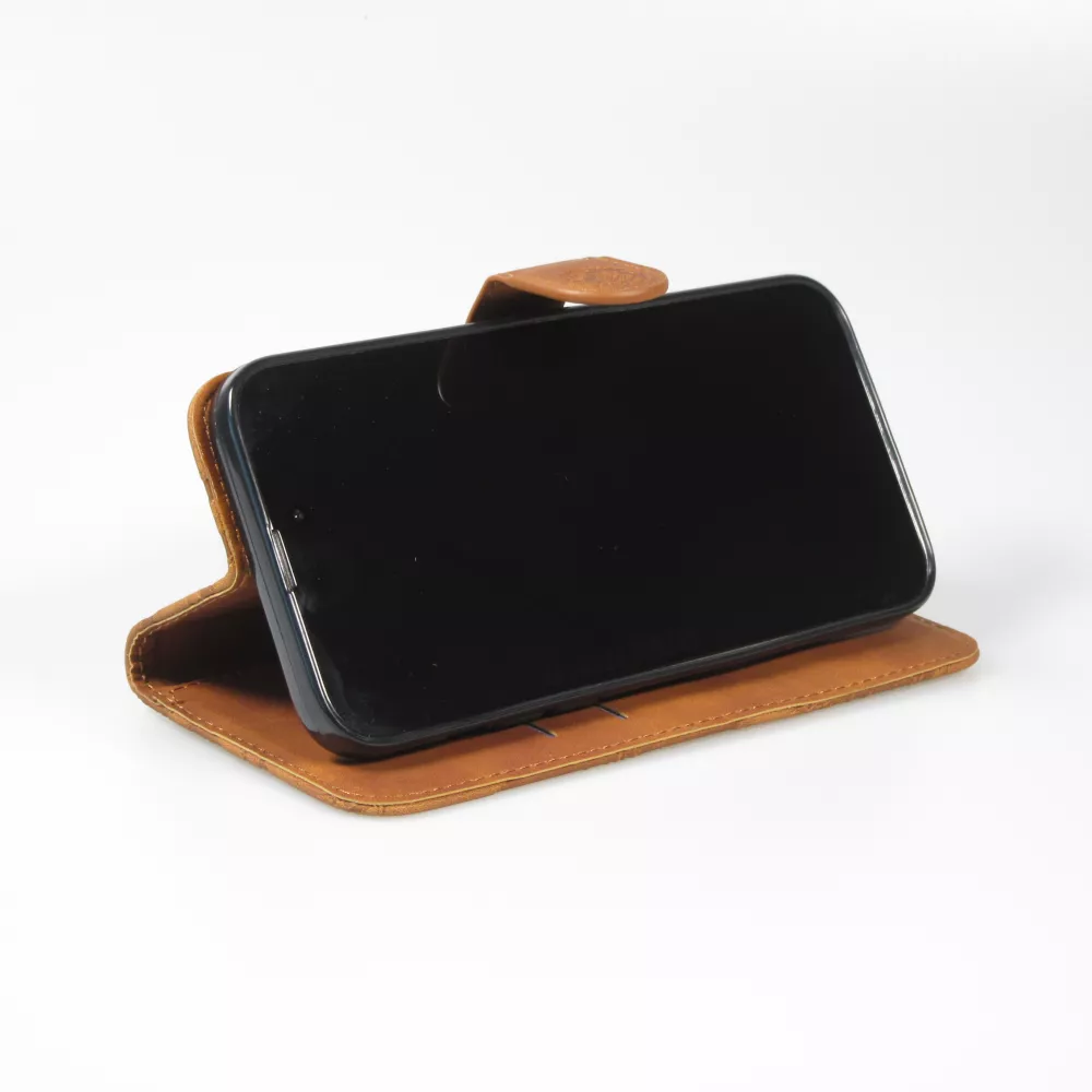 Fourre iPhone 15 Pro Max - Flip 3D en similicuir Oeil du tigre - Brun