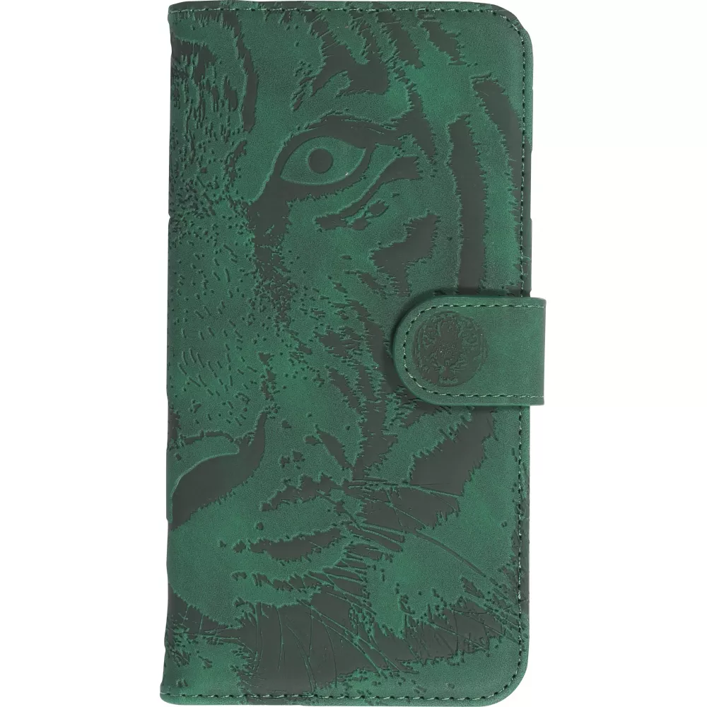 Fourre iPhone 14 Pro Max - Flip 3D en similicuir Oeil du tigre - Vert