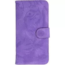 Fourre iPhone 15 Pro Max - Flip 3D en similicuir Oeil du tigre - Violet