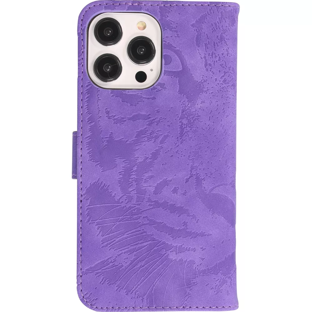 Fourre iPhone 15 Pro Max - Flip 3D en similicuir Oeil du tigre - Violet