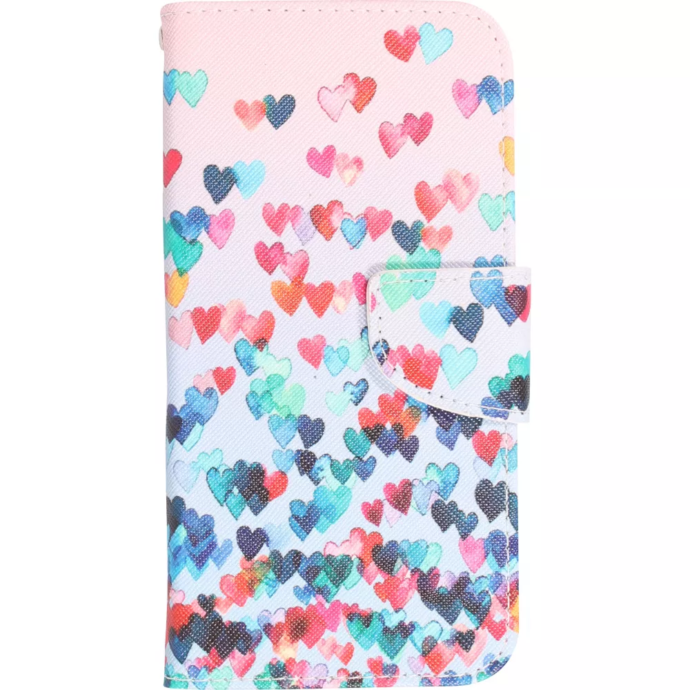 Fourre iPhone 14 Pro Max - Premium Wallet flip fermeture magnétique et porte-carte - petits cœurs colorés - Rose