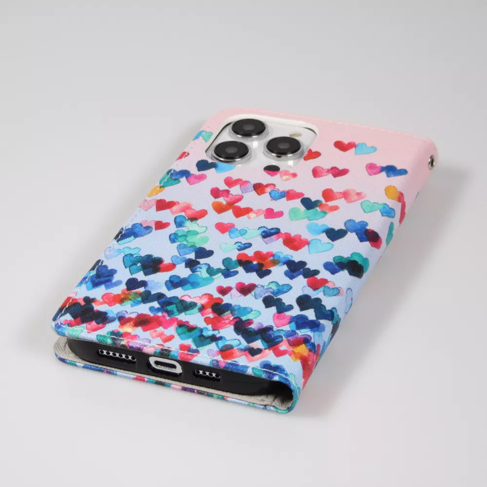 Fourre iPhone 14 Pro Max - Premium Wallet flip fermeture magnétique et porte-carte - petits cœurs colorés - Rose