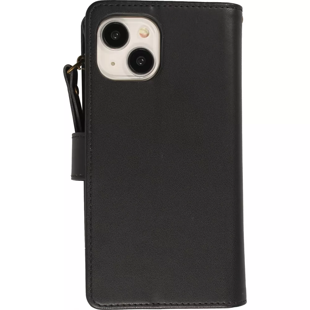 Fourre iPhone 15 - Etui portefeuille luxueux et sophistiqué en cuir avec aimant et compartiment à monnaie - Noir