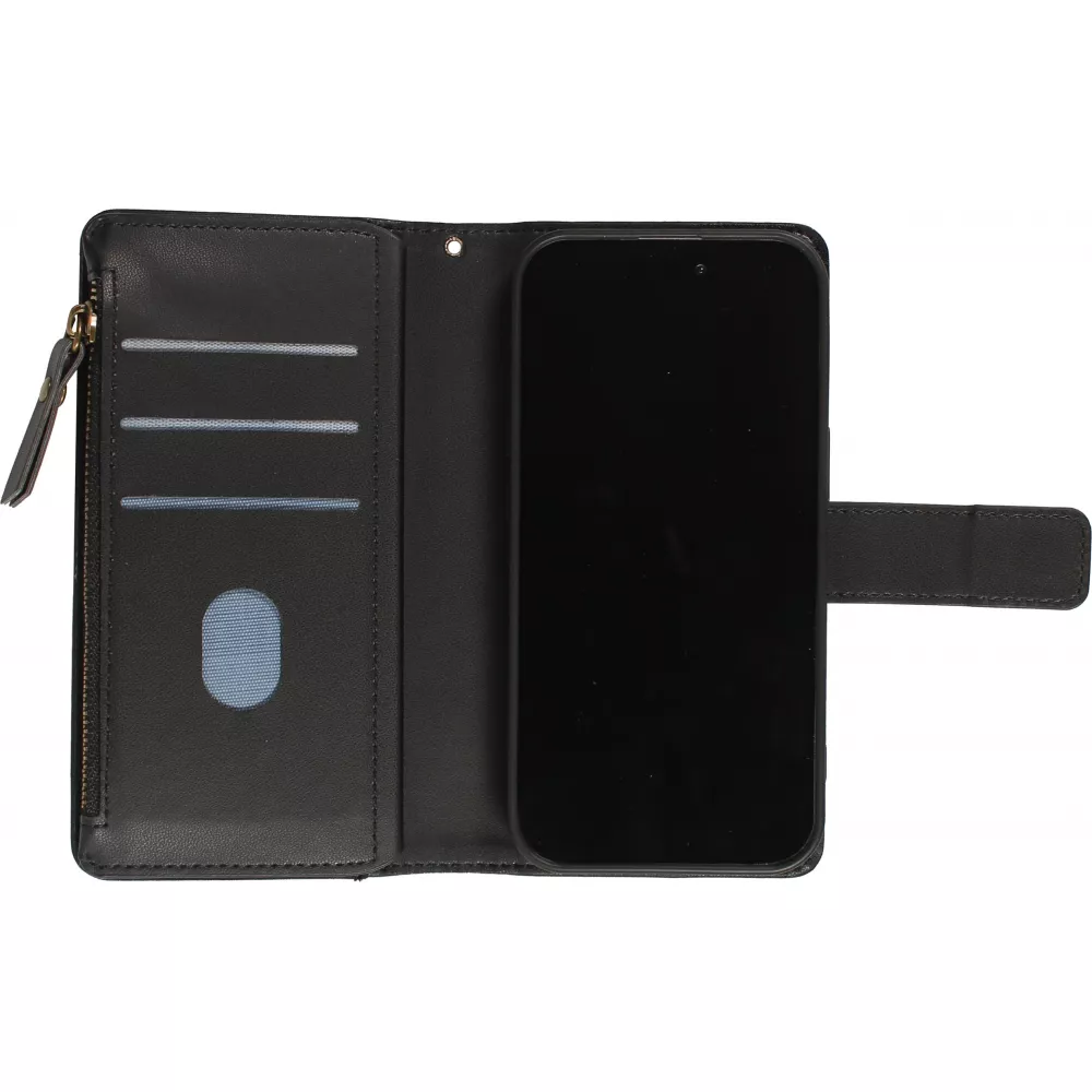 Fourre iPhone 15 - Etui portefeuille luxueux et sophistiqué en cuir avec aimant et compartiment à monnaie - Noir