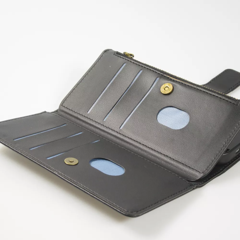 Fourre iPhone 15 - Etui portefeuille luxueux et sophistiqué en cuir avec aimant et compartiment à monnaie - Noir