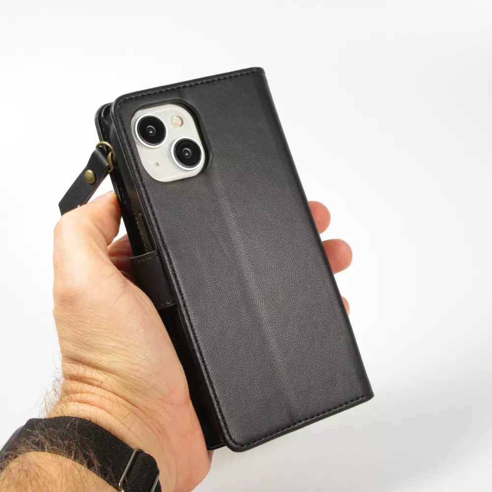 Fourre iPhone 15 - Etui portefeuille luxueux et sophistiqué en cuir avec aimant et compartiment à monnaie - Noir