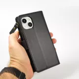 Fourre iPhone 15 - Etui portefeuille luxueux et sophistiqué en cuir avec aimant et compartiment à monnaie - Noir