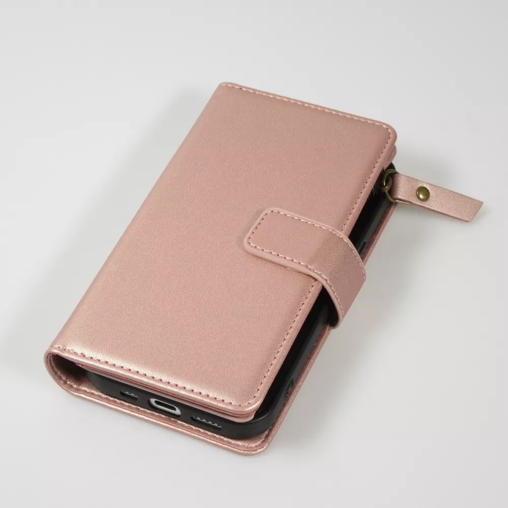 Fourre iPhone 15 - Etui portefeuille luxueux et sophistiqué en cuir avec aimant et compartiment à monnaie - Rose