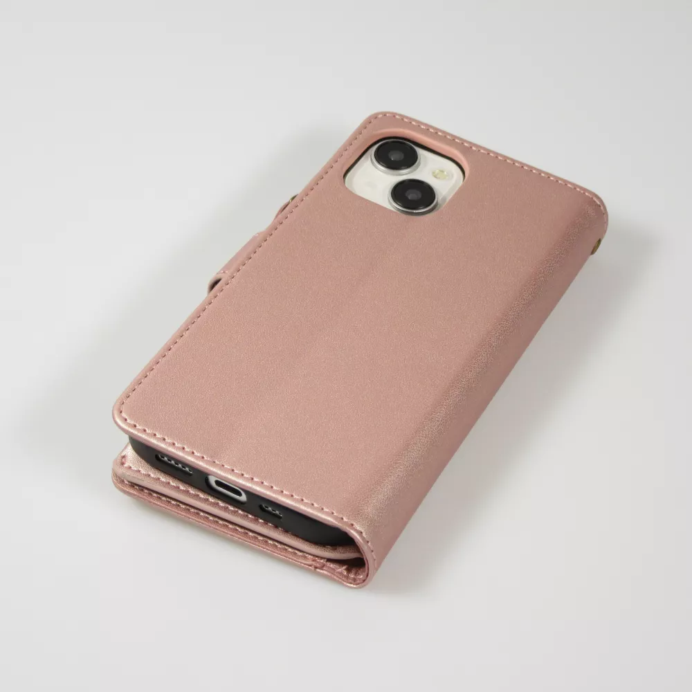Fourre iPhone 15 - Etui portefeuille luxueux et sophistiqué en cuir avec aimant et compartiment à monnaie - Rose