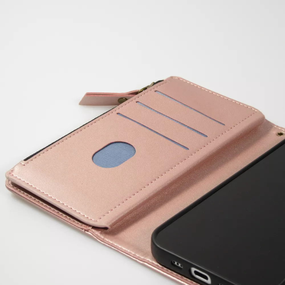 Fourre iPhone 15 - Etui portefeuille luxueux et sophistiqué en cuir avec aimant et compartiment à monnaie - Rose
