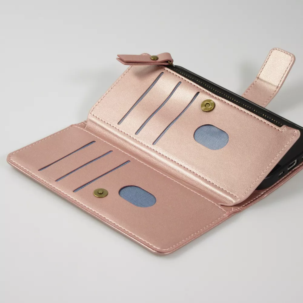 Fourre iPhone 15 - Etui portefeuille luxueux et sophistiqué en cuir avec aimant et compartiment à monnaie - Rose