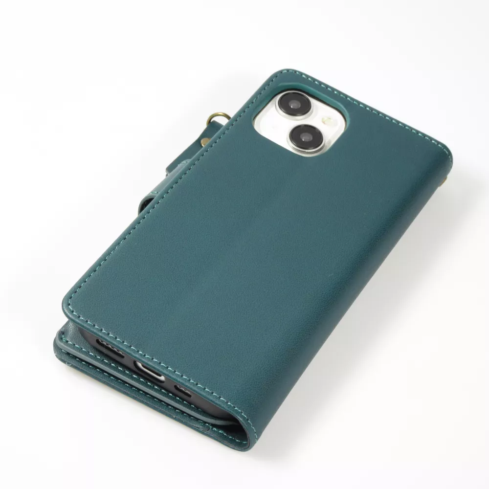 iPhone 15 Case Hülle - Brieftaschen-Hülle luxuriös und raffiniert mit Magnet Verschluss & Münz- und Kartenfach  - Grün