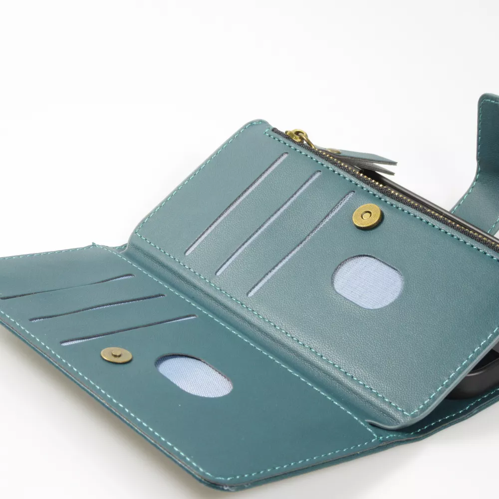 iPhone 15 Case Hülle - Brieftaschen-Hülle luxuriös und raffiniert mit Magnet Verschluss & Münz- und Kartenfach  - Grün