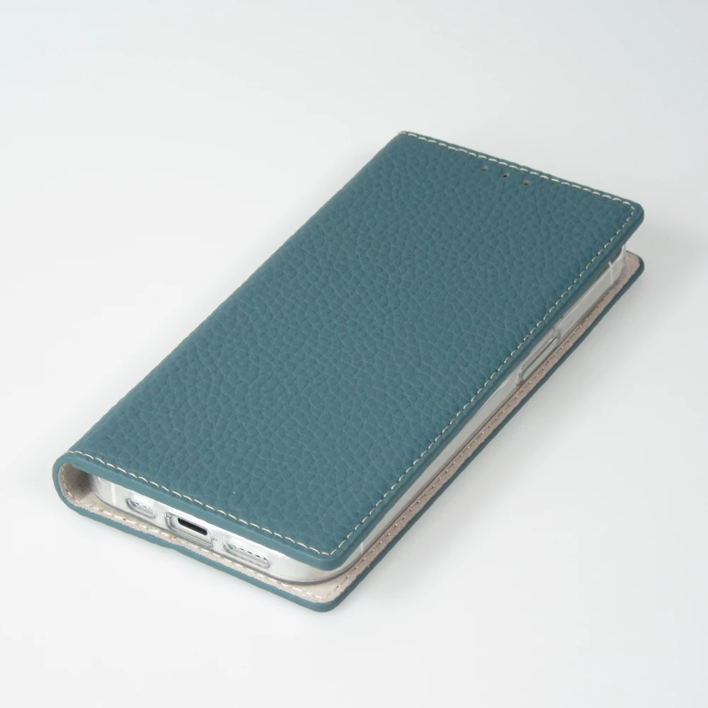 iPhone 15 Case H&uuml;lle - Flip 3D echtes genarbtes Rindsleder - Blau