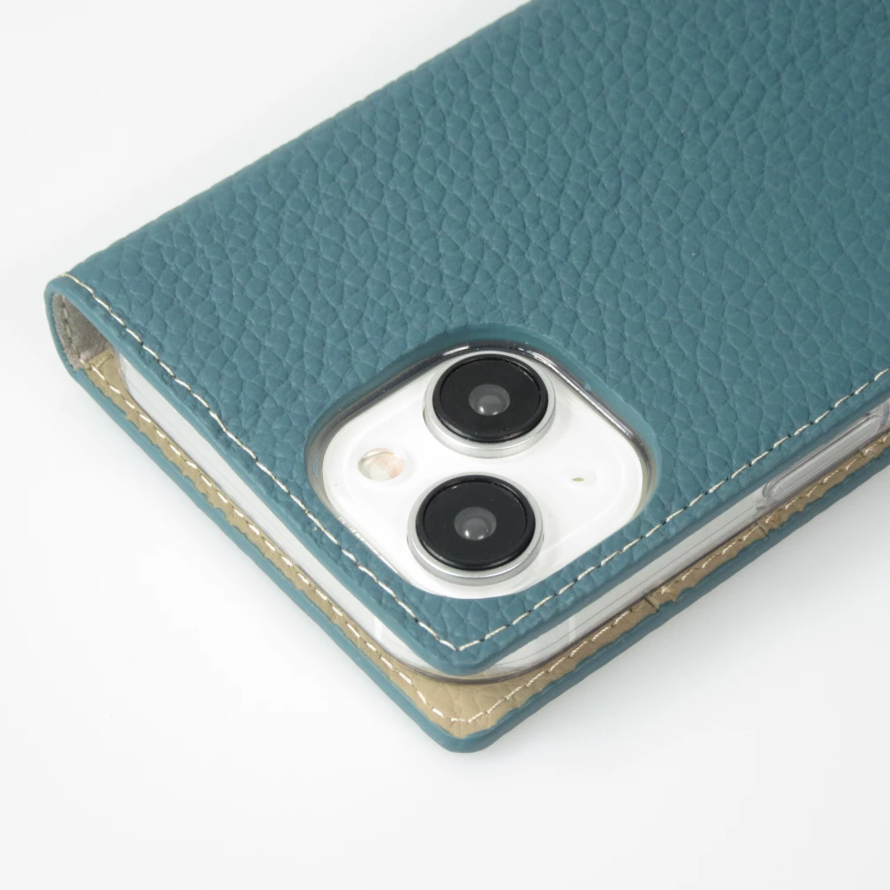 iPhone 15 Case H&uuml;lle - Flip 3D echtes genarbtes Rindsleder - Blau