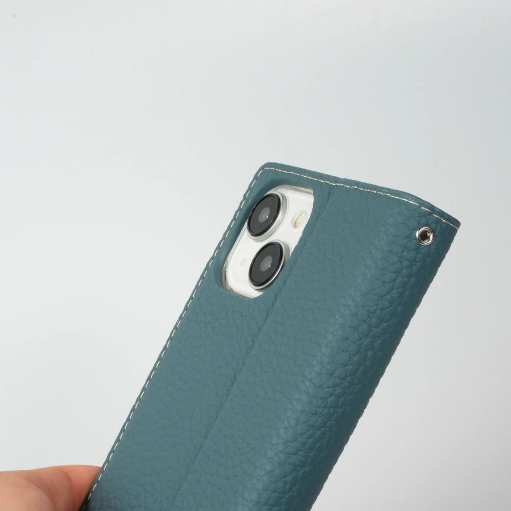 iPhone 15 Case H&uuml;lle - Flip 3D echtes genarbtes Rindsleder - Blau