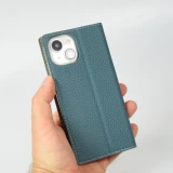 iPhone 15 Case H&uuml;lle - Flip 3D echtes genarbtes Rindsleder - Blau