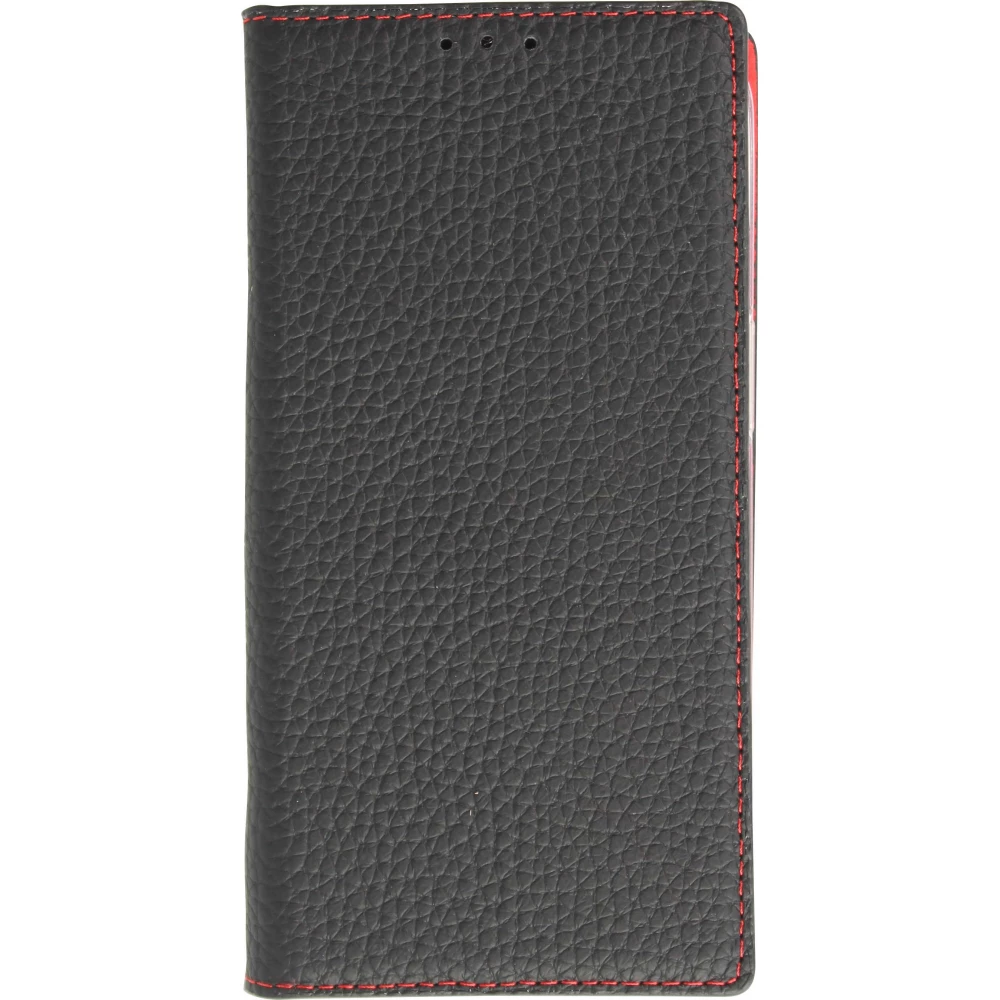 iPhone 15 Case H&uuml;lle - Flip 3D echtes genarbtes Rindsleder - Schwarz/rot