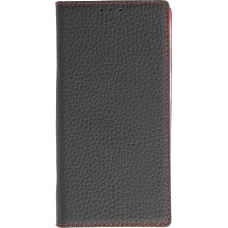 iPhone 15 Case H&uuml;lle - Flip 3D echtes genarbtes Rindsleder - Schwarz/rot