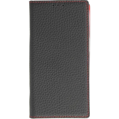 iPhone 15 Case H&uuml;lle - Flip 3D echtes genarbtes Rindsleder - Schwarz/rot