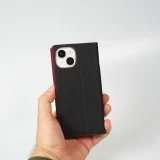 iPhone 15 Case H&uuml;lle - Flip 3D echtes genarbtes Rindsleder - Schwarz/rot