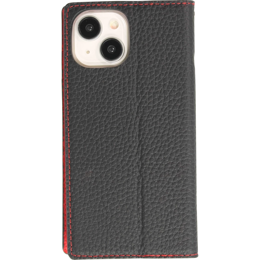 iPhone 15 Case H&uuml;lle - Flip 3D echtes genarbtes Rindsleder - Schwarz/rot