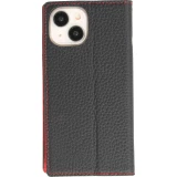 iPhone 15 Case H&uuml;lle - Flip 3D echtes genarbtes Rindsleder - Schwarz/rot
