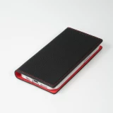 iPhone 15 Case H&uuml;lle - Flip 3D echtes genarbtes Rindsleder - Schwarz/rot
