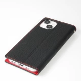 iPhone 15 Case H&uuml;lle - Flip 3D echtes genarbtes Rindsleder - Schwarz/rot