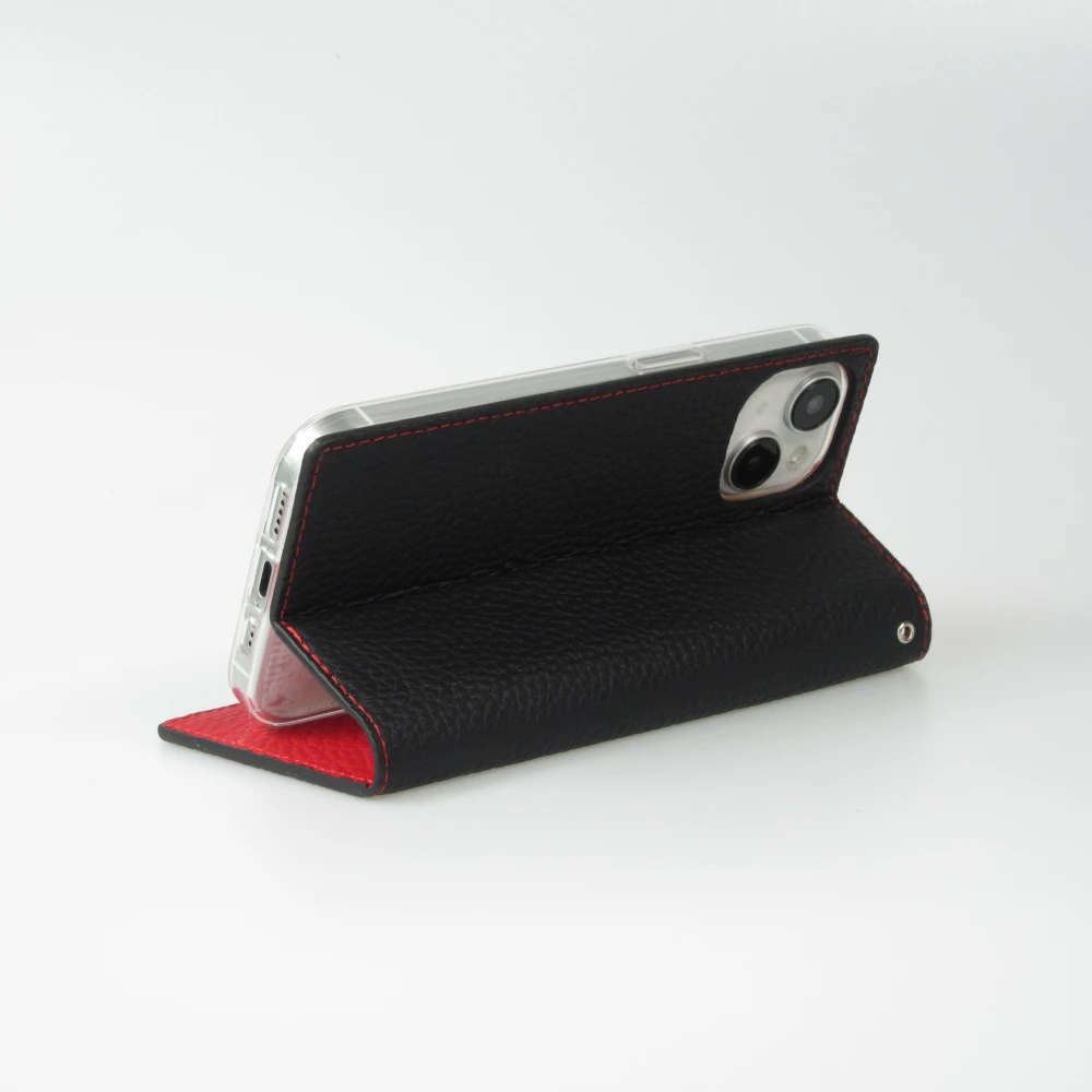 iPhone 15 Case H&uuml;lle - Flip 3D echtes genarbtes Rindsleder - Schwarz/rot